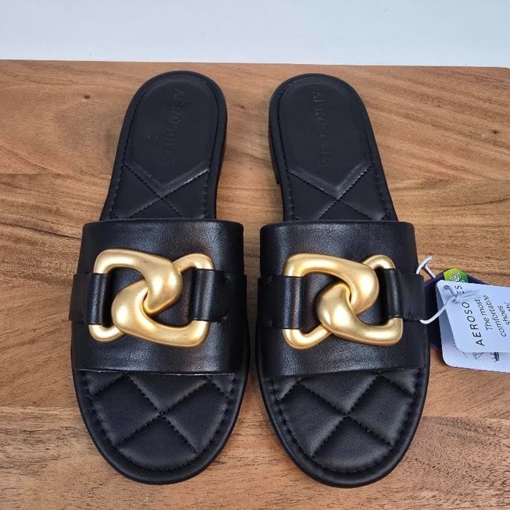 New Womens Aerosoles Big Charm Black Quilted Slip On Slide Sandals Size 8.5 M